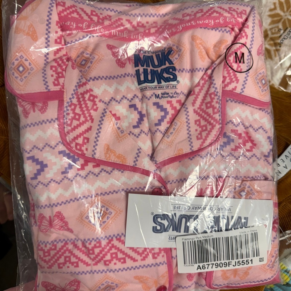Muk Luks Womens Flamingo Pink Butterfly Fair Isle Pajama Set Medium NEW